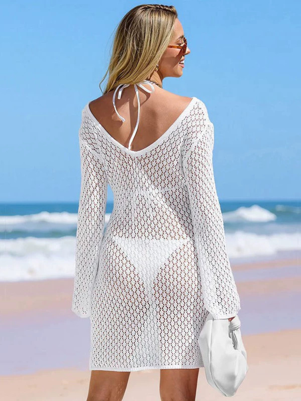 Solid Knit Hollow Floral Beach Bikini Cover Up Sun Protection Dress Women